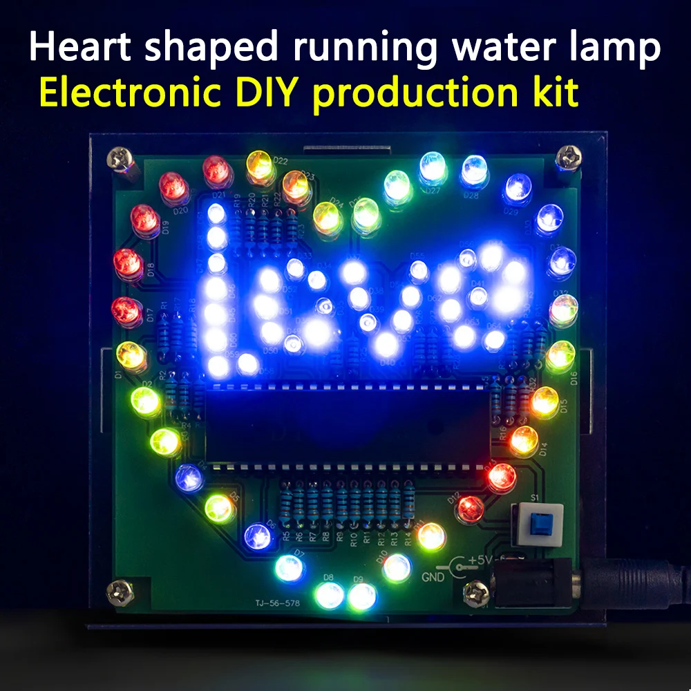 Colorful dazzling flowing heart shaped light kit with 51 microcontroller and LOVE fun DIY electronic production parts