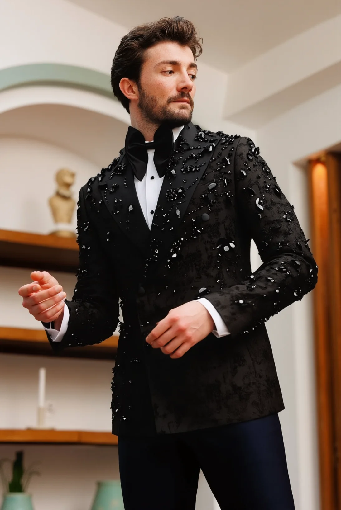 

Luxurious Jacquard Wedding Groom Tuxedos 2 Pieces Blazer Pants Handmade Crystal Suits for Man Formal Evening Party Customized