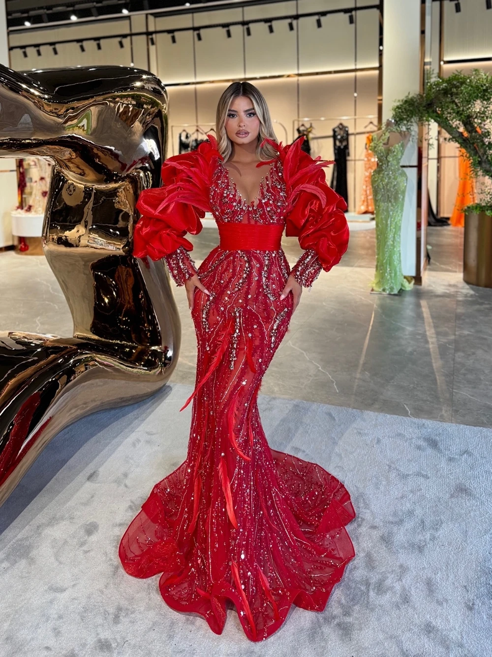 Luxury Red Formal Prom Gown Handmade Feather & Rhinestone Embellished Puff Sleeve Mermaid Shiny Evening Dress Showstopper Style