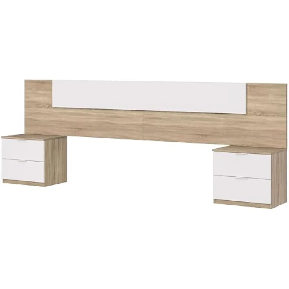 Cabecero + Dos mesitas de noche, cabecero y mesas, modelo Alaya, acabado en Artik blanco y roble canadiense