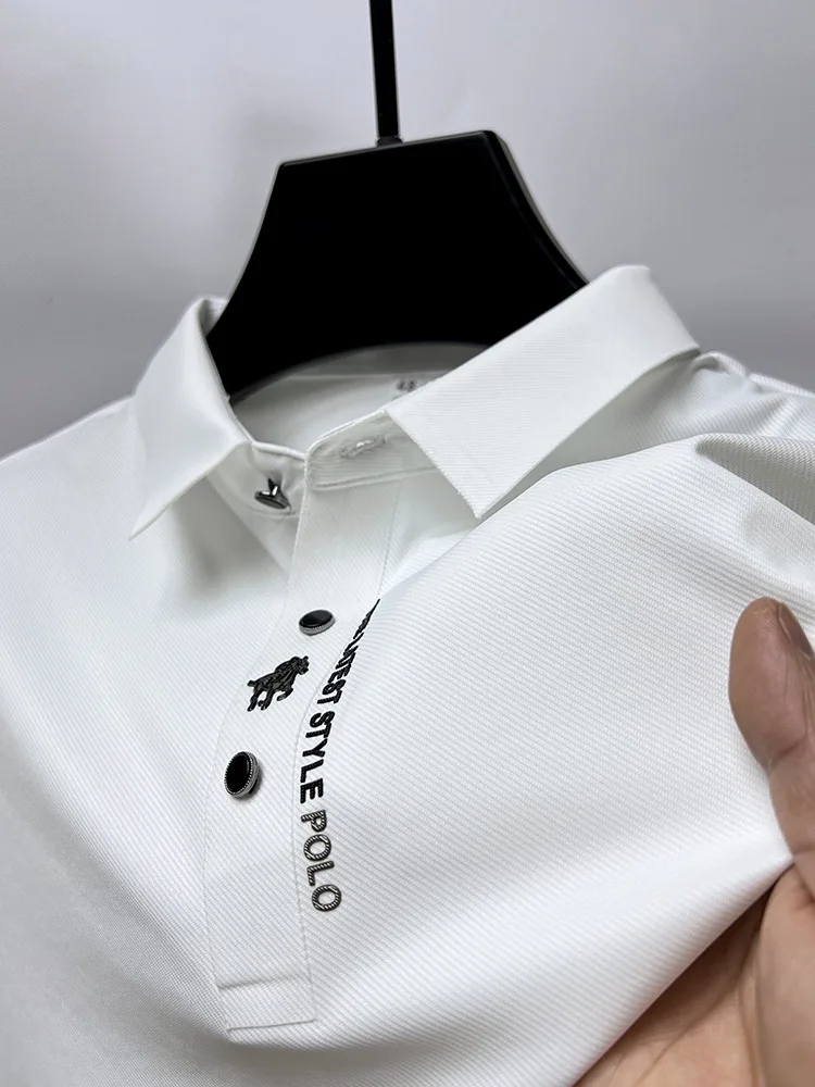 High-End-Luxus Eis Seide atmungsaktive Kurzarm T-Shirt Herren Revers Sommer Modemarke Stickerei lässig Business Polo-Shirt