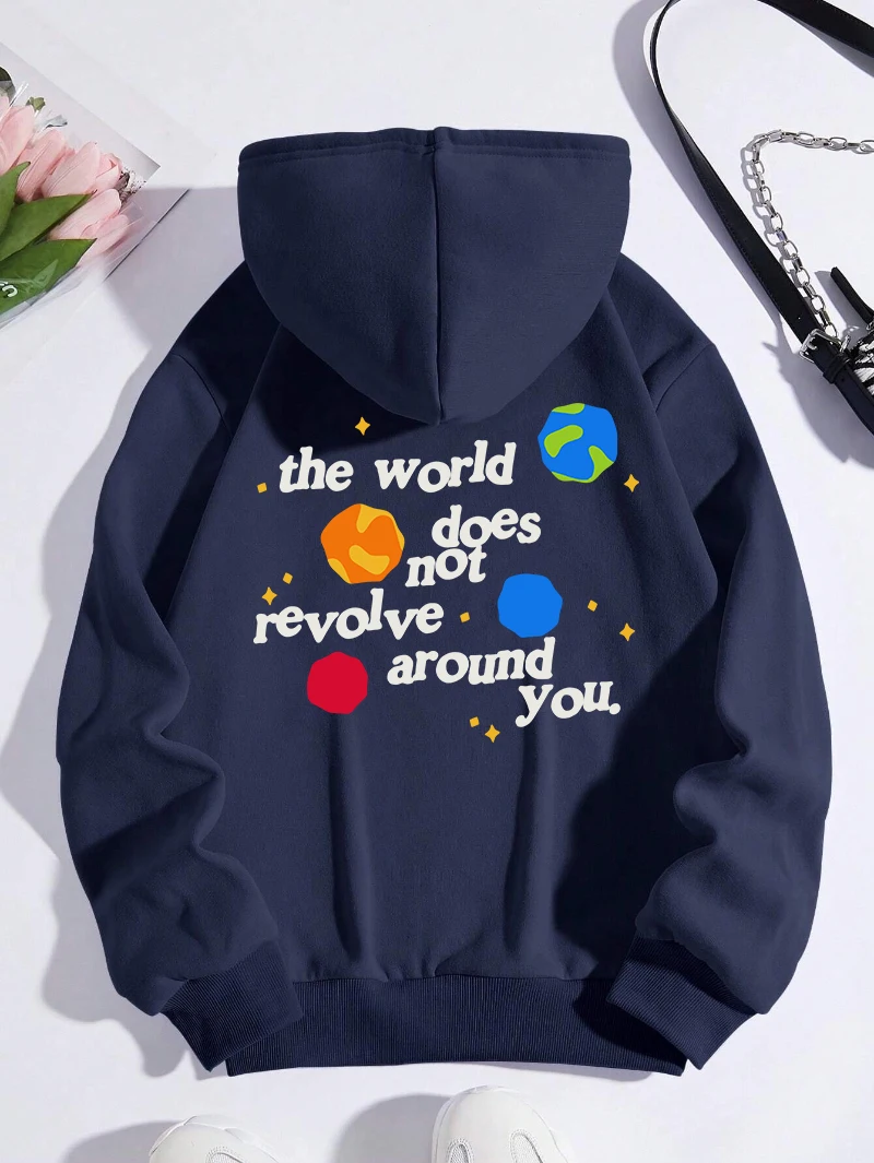 The World Does Not Revolve Around You Hoodie Men Women Letter Prints Sweatshirt Fleece Warm Pocket Loose Pullover Winter Clothes