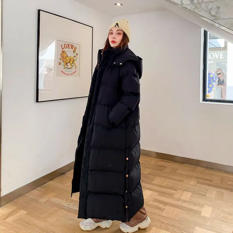 

Mid-Length Thickened Jacket For Women, Korean Style, Black, Over-The-Knee, Extra Long, Ankle-Length Down Cotton Coat, New Model