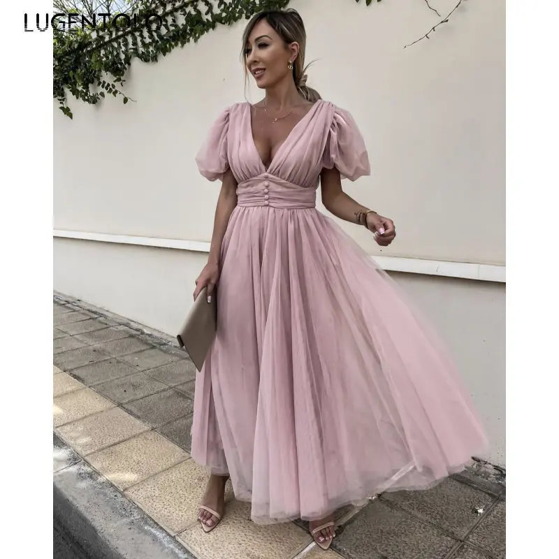 

Women Slim Mesh Dress Shor Sleeve V-neck Solid Summer Ladies Elegant Big Swing High Waist Party Maxi Dresses