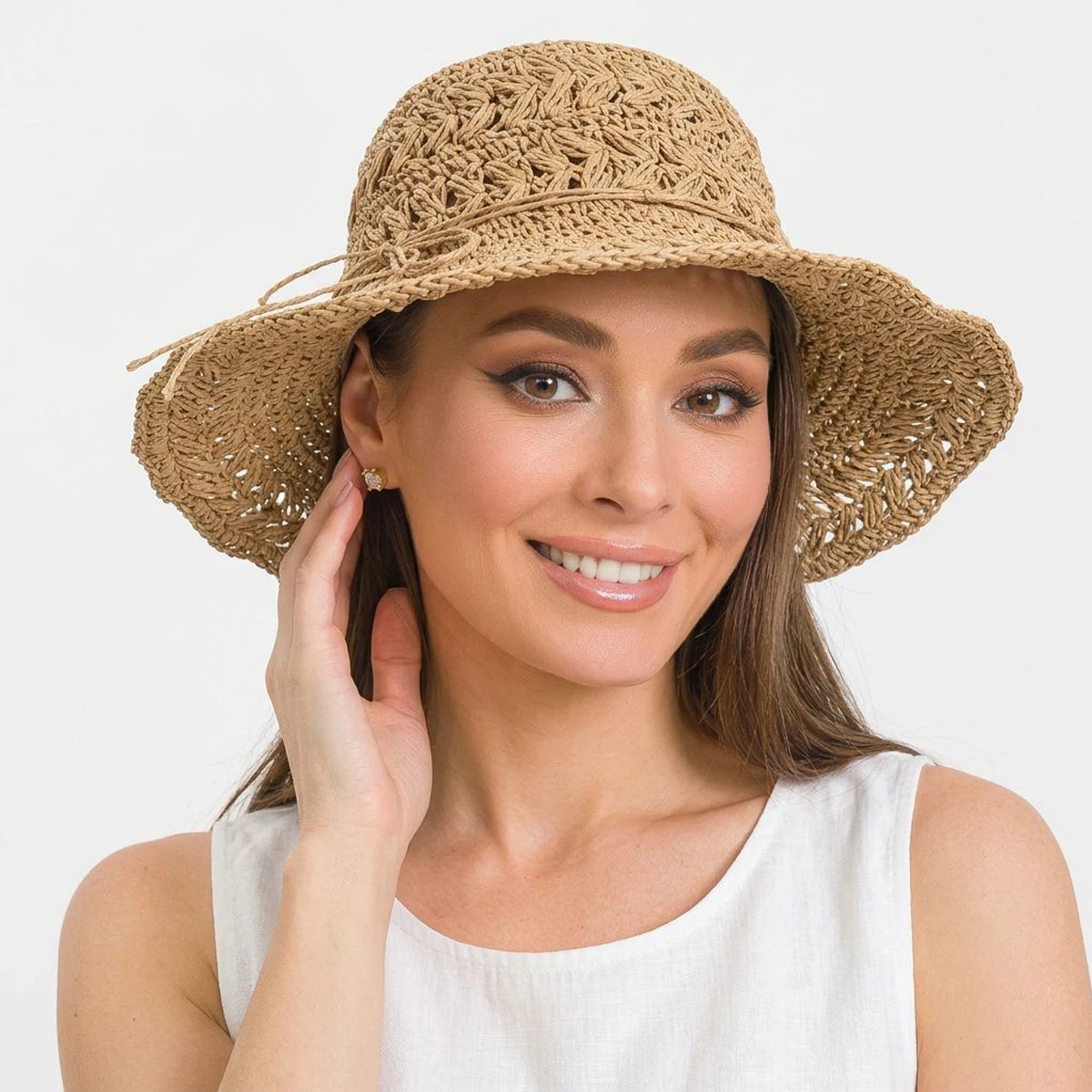 Zusammenklappbarer, ausgehöhlter Stroh-Sonnenhut für Damen, handgefertigte Strandkappe im französischen Stil mit breiter Krempe und UV-Schutz