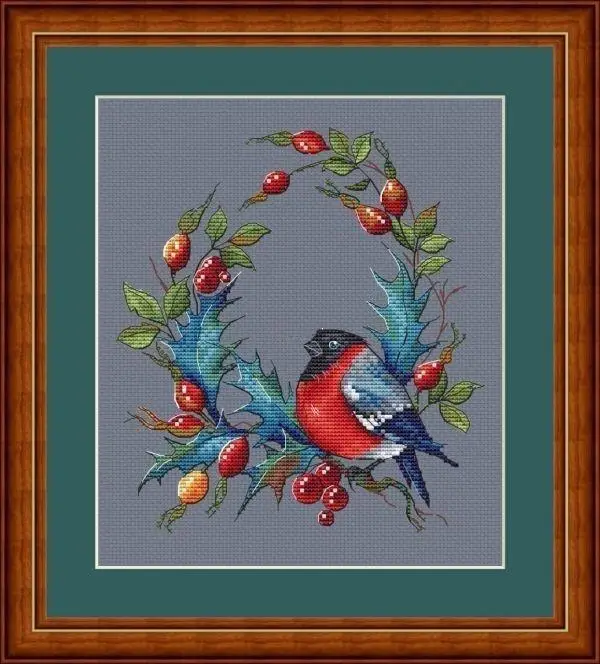 Embroidery Cross Stitch Kits Craft DIY Needlework Cotton Canvas 8-Goldfinch and Holly Wreath 28-30 32CT 28CT Metallic aida