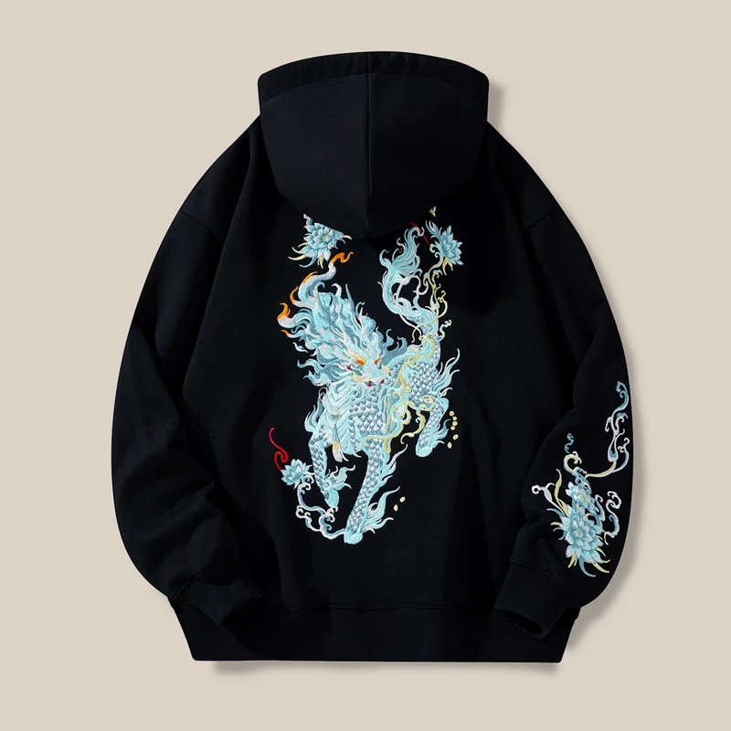 Lyprerazy National Tide Embroidery Hoodies Kirin Embroidery Hoodie Chinese Style Casual Couple Sports Pullovers