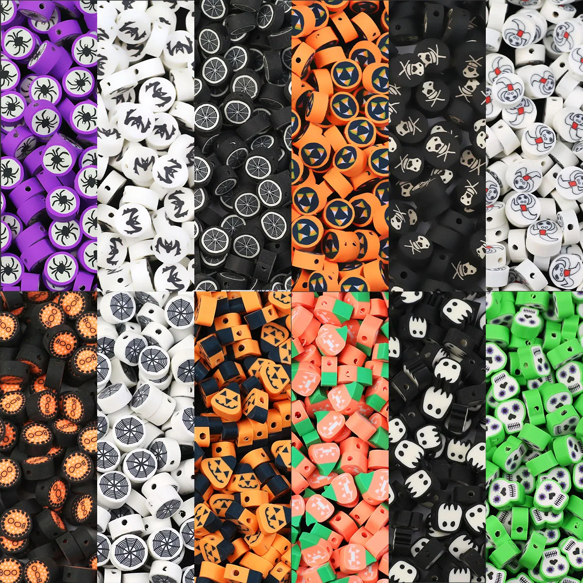 Wholesale 50pcs 10mm Halloween Series Pattern Polymer Clay Spacer Loose Beads For Handmade Jewelry Making Bracelet Necklaces DIY