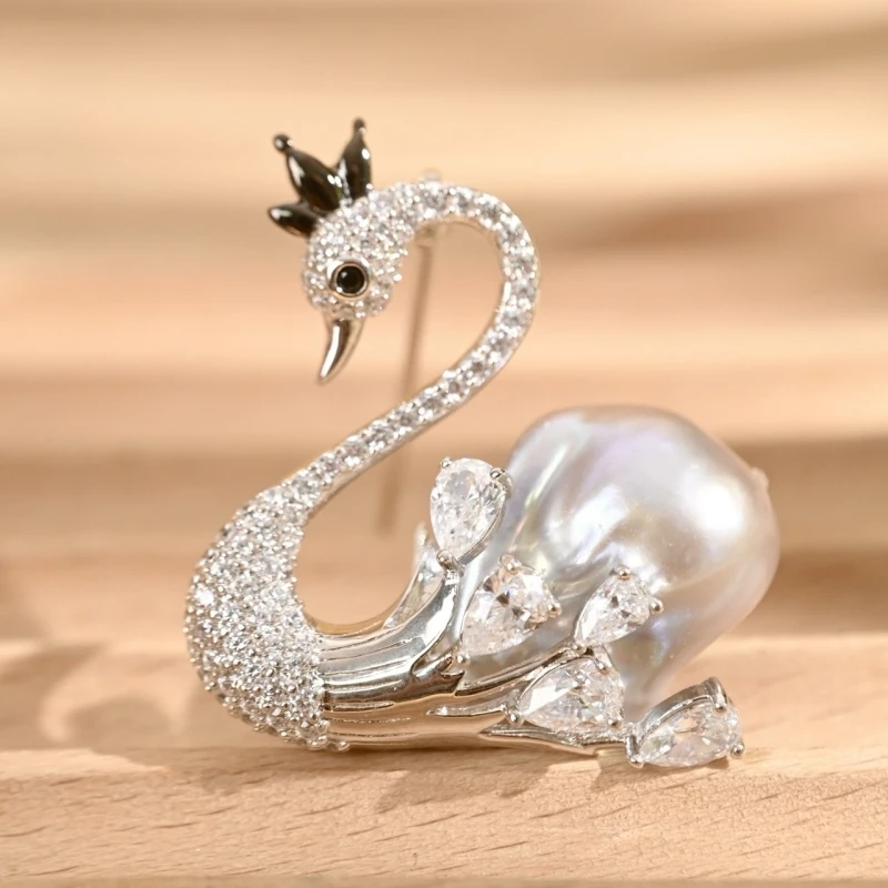 BELLUX S925 Pure Silver White Baroque Pearl Swan Brooch Zircon Gold-plated Light Luxury Elegant Jewelry Brooches