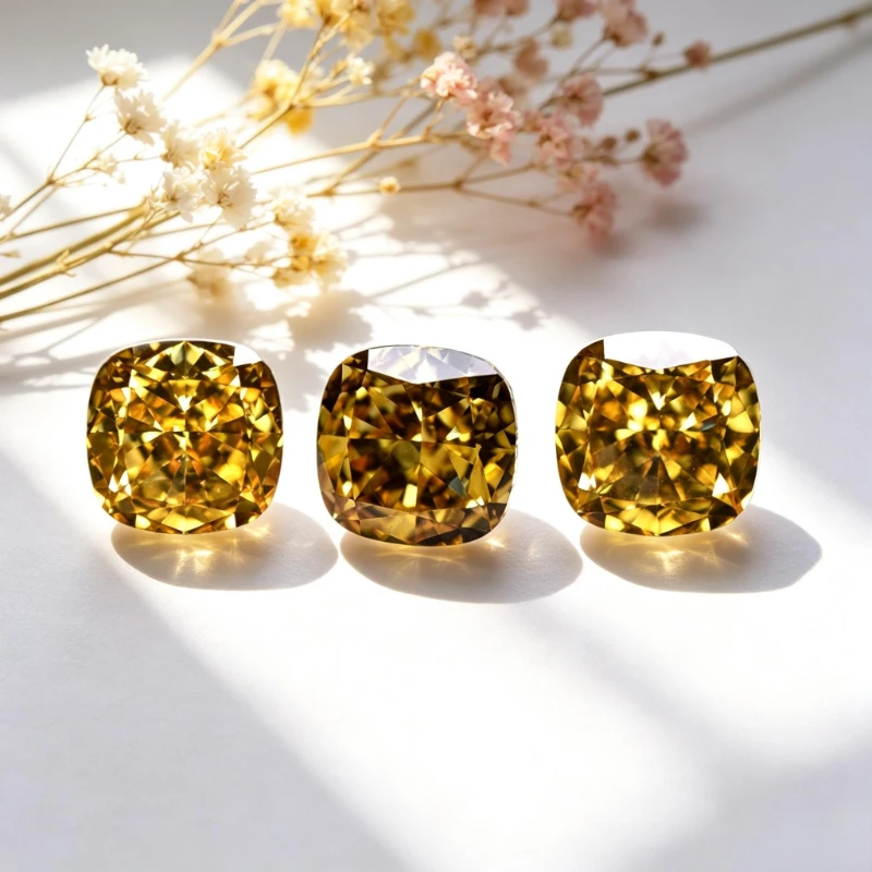 Kubisches Zirkonium, Crushed-Ice-Schliff, quadratische Kissenform, gelbe Farbe, 5A+-Qualität, CZ, 4K-Schliff, hochkarätiger Diamant – Detail 3
