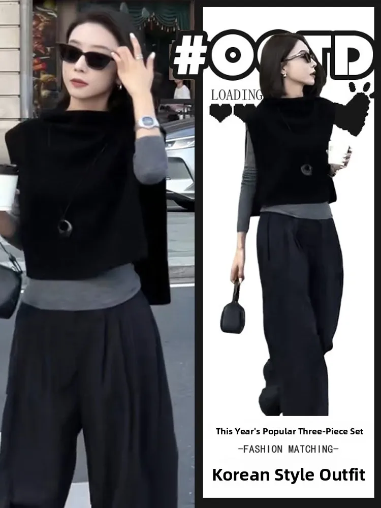 

2024 Autumn New Knitted Vest oulder awl Top Wide Leg Pants Tee-piece Set Korean Sle Women's Faion Ensemble