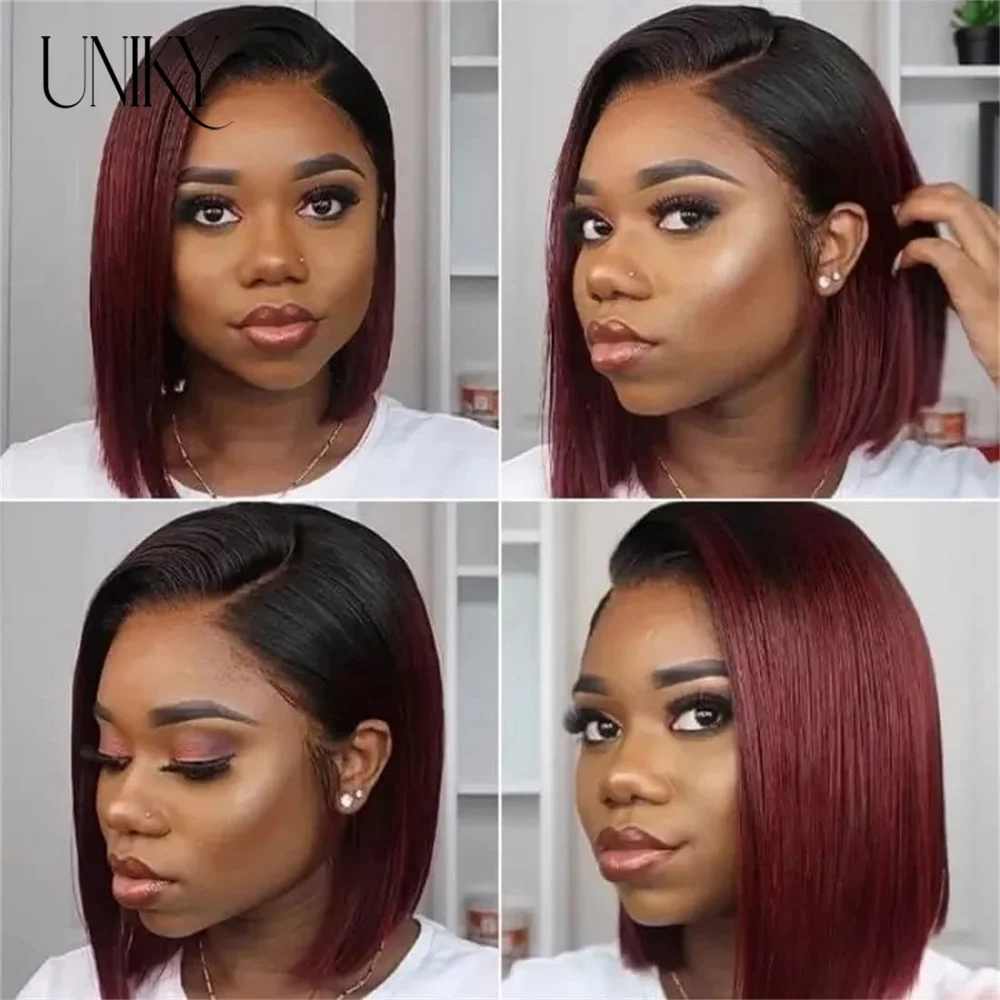 Perruque Bob Lace Front Wig Remy Brésilienne Naturelle, Cheveux Lisses, Couleur Rouge Bordeaux T1B/99j, Sans Colle, pour Femme