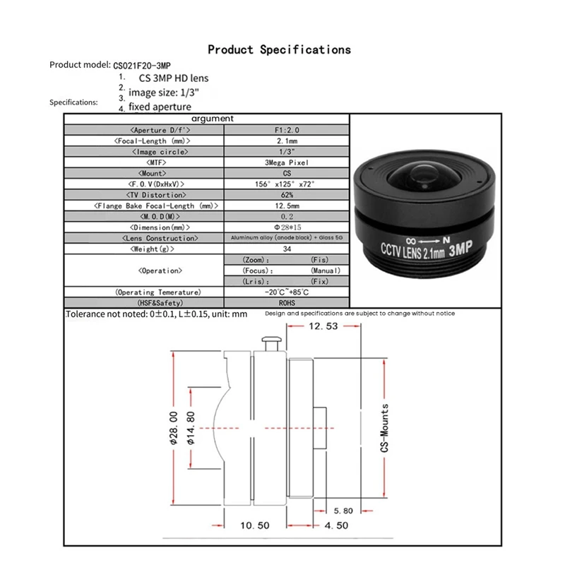 1 Piece 2.1Mm Wide Angle CS Mount Fixed CCTV Lens 2.1 Mm F1.8 Megapixel Black Plastic For 1/3 Sensor Size Camera