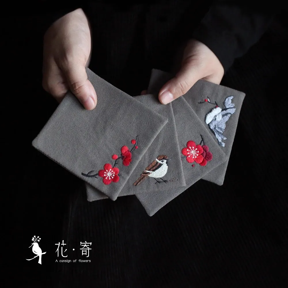 Chinese Style Plum Blossom Tea Table Mat Coaster DIY Embroidery Kit, Pre-Printed Linen Cloth for Tea Ceremony