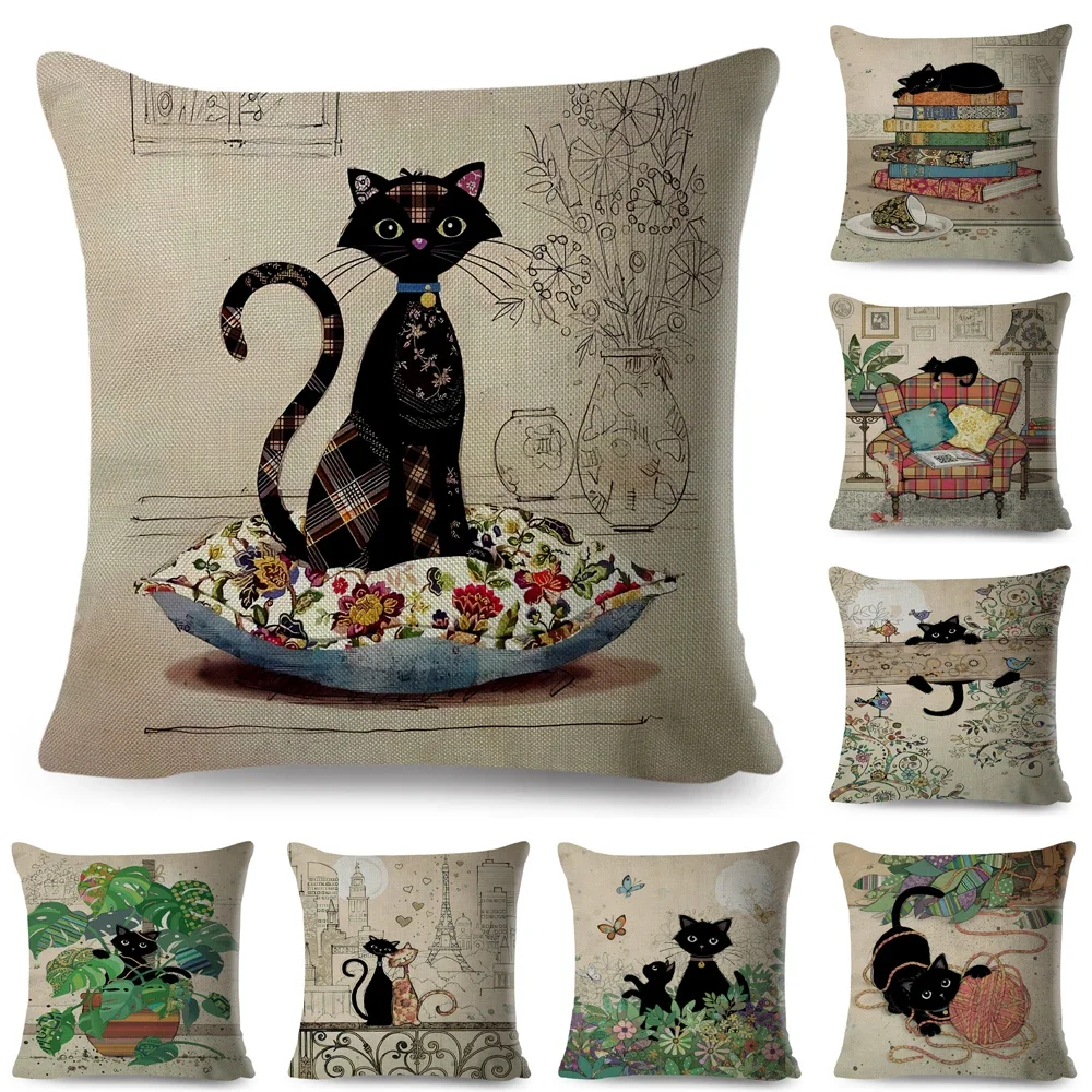 Cute Elegant Black Cat Cushion Cover Double Print Decor Cartoon Animal Pillow Case for Sofa Home Car Linen Throw Pillowcase