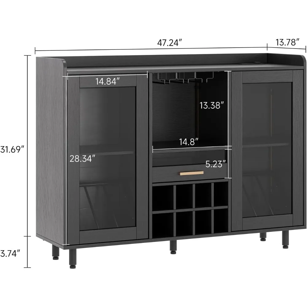 Armário de bar de vinho com luzes LED e tomada de energia, armário de bar de café com rack de vinho e vidro, aparador de bolinhas para sala de jantar