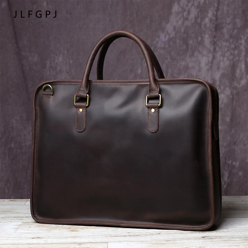 New leather men\'s business leisure handbag with cowhide horizontal style and large capacity single-shoulder messenger briefcase