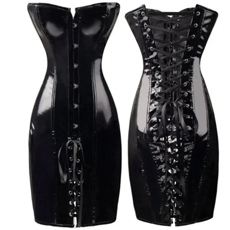 CyHalloween 2025 نوعية جيدة أسود أحمر القوطية Wetlook الفينيل PVC فستان مثير المرأة الجسم سليم مشد للفستان ملهى ليلي