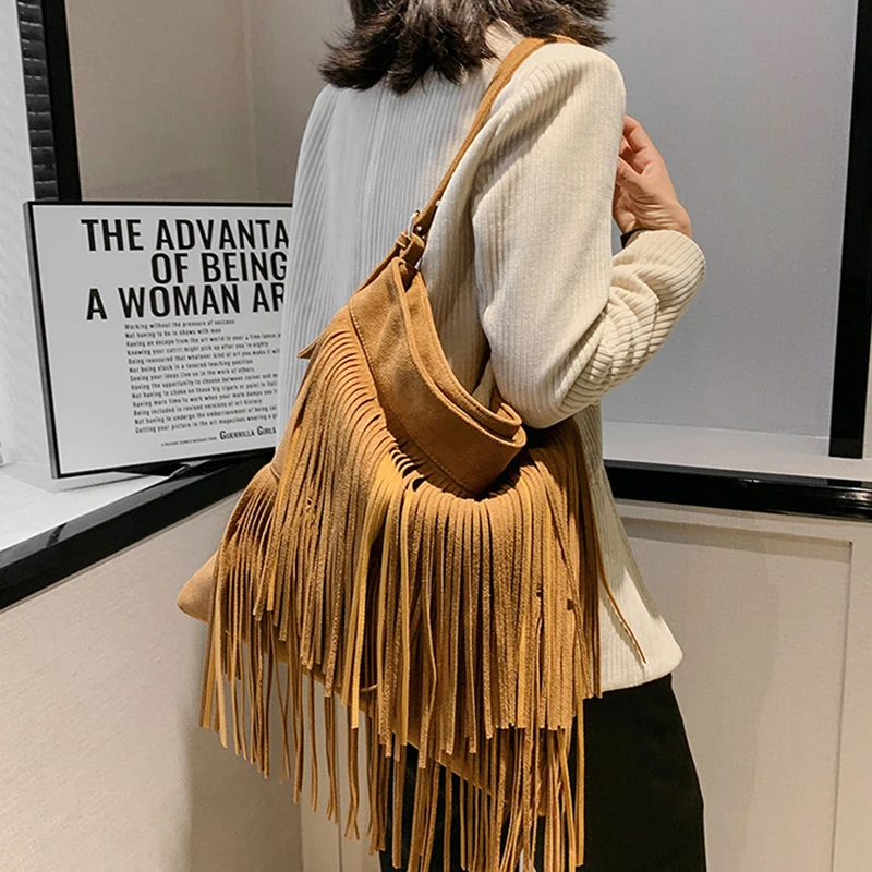 Bohemian Brown Personality Handbag for Women 2023 Summer women\'s Bag Large capacity retro shoulder crossbody Tassel bags purse