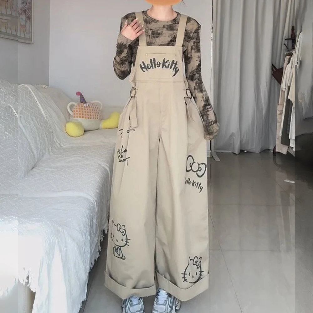 

Sanrio Hello Kitty комбинезон с мультяшным принтом для женщин, осень 2022, новые студенческие свободные тонкие повседневные широкие брюки для девочек, рабочие брюки