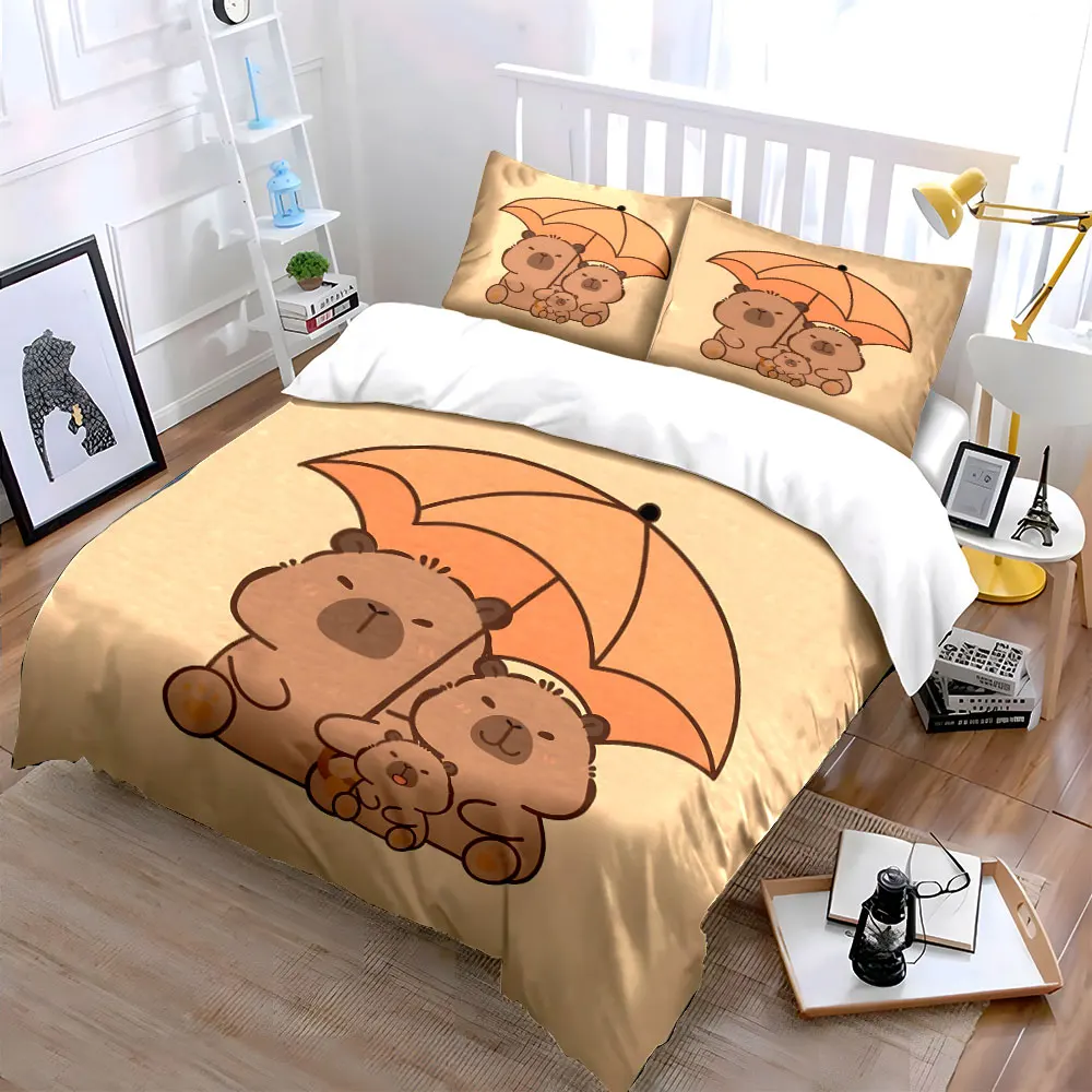 Cozy cartoon bear family under umbrella Duvet Cover Set with 3D Printing Design Soft Polyester Bedding Set All-Season Comfort