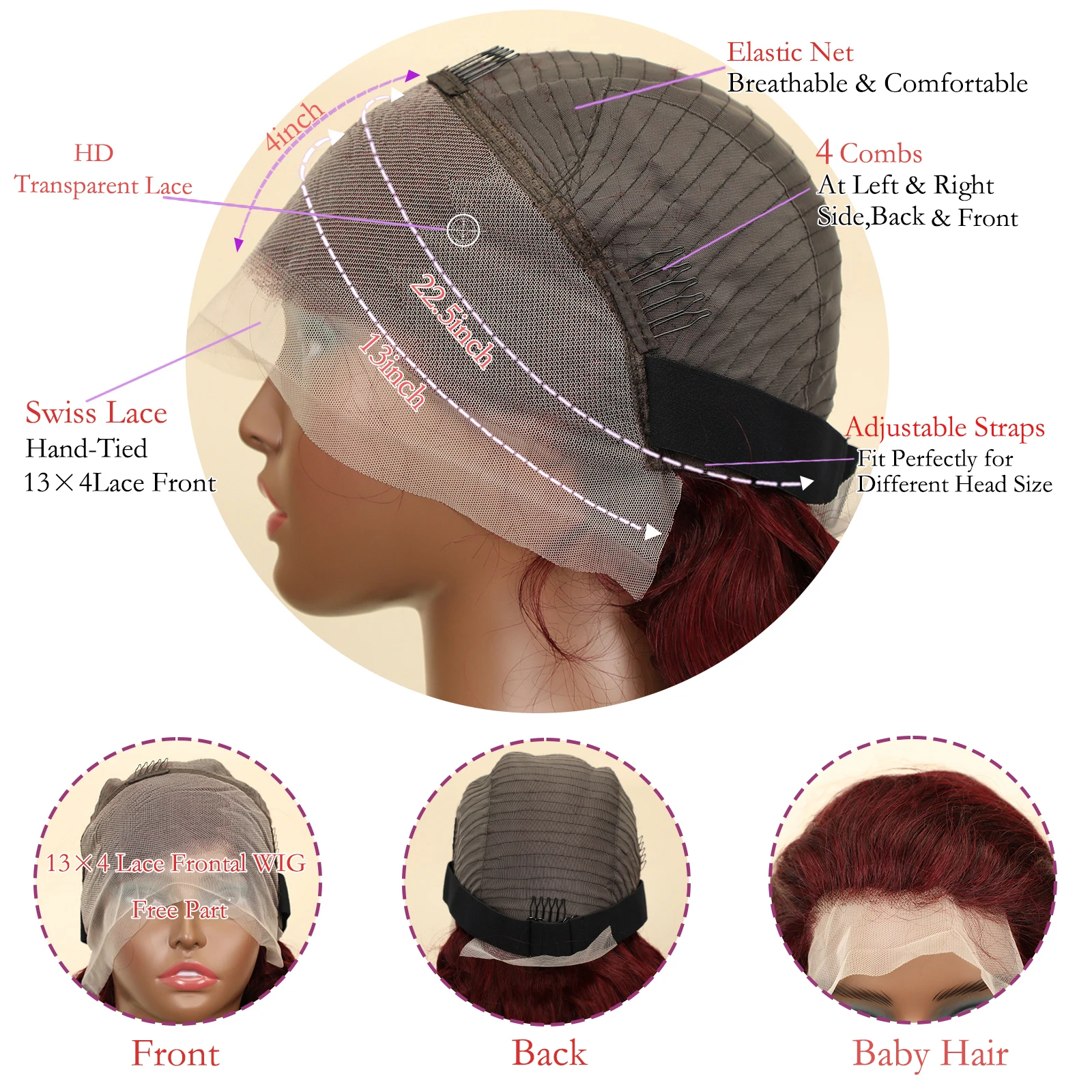 99j Borgogna Onda Profonda 13x6 Hd Parrucca Frontale Del Merletto Dei Capelli Umani Pre Pizzicati 200% Densità Onda di Acqua Vino Rosso Parrucca Riccia per Le Donne