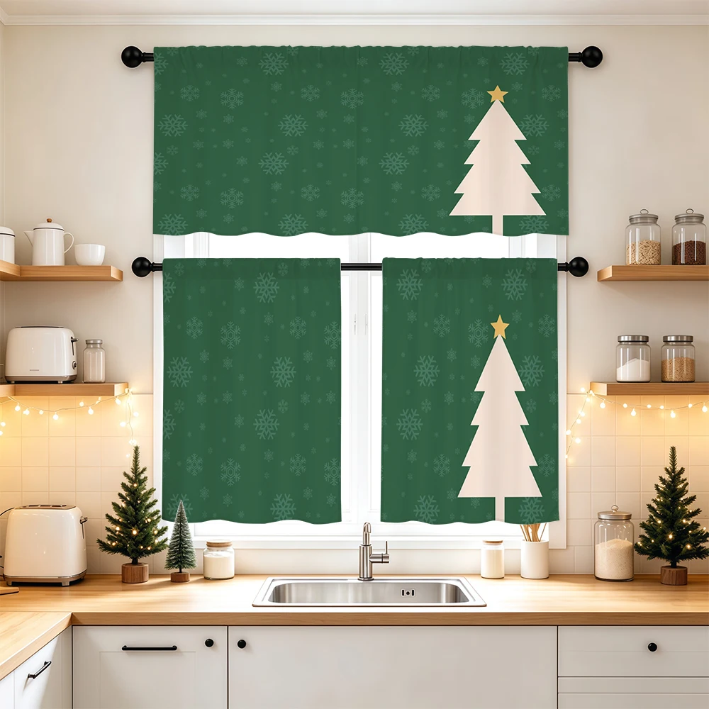 Christmas Kitchen Curtains, Dark Green Snow Tree Star, Digital Print, Kitchen Dining Room, Rod Pocket Polyester, Home Decor