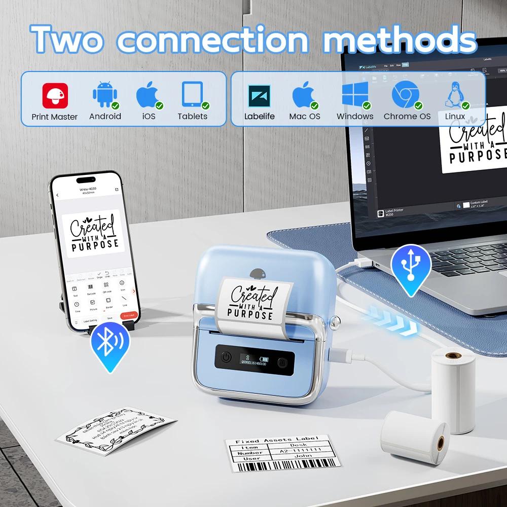 Drukarka etykiet Phomemo M250 Termiczna drukarka etykiet Bezprzewodowa drukarka etykiet Bluetooth do notatników DIY Etykiety cenowe do supermarketów
