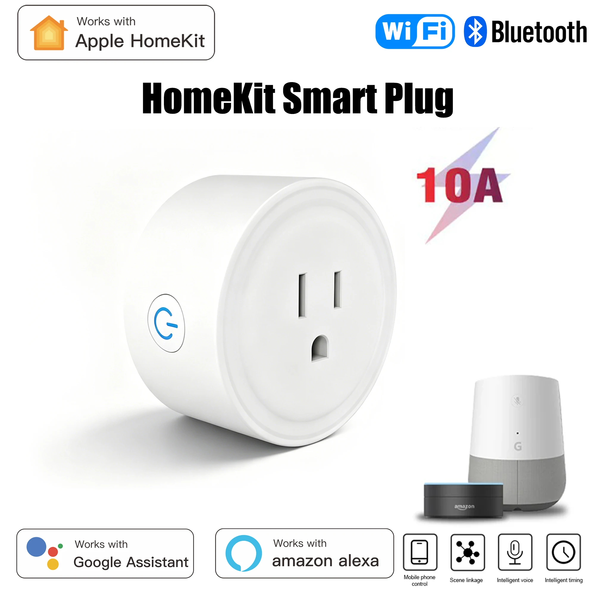 HomeKit US Round Smart Plug 10A WiFi Socket, Siri Alexa Google Home Voice Control, APP Remote Timing Schedule Smart Home Outlet