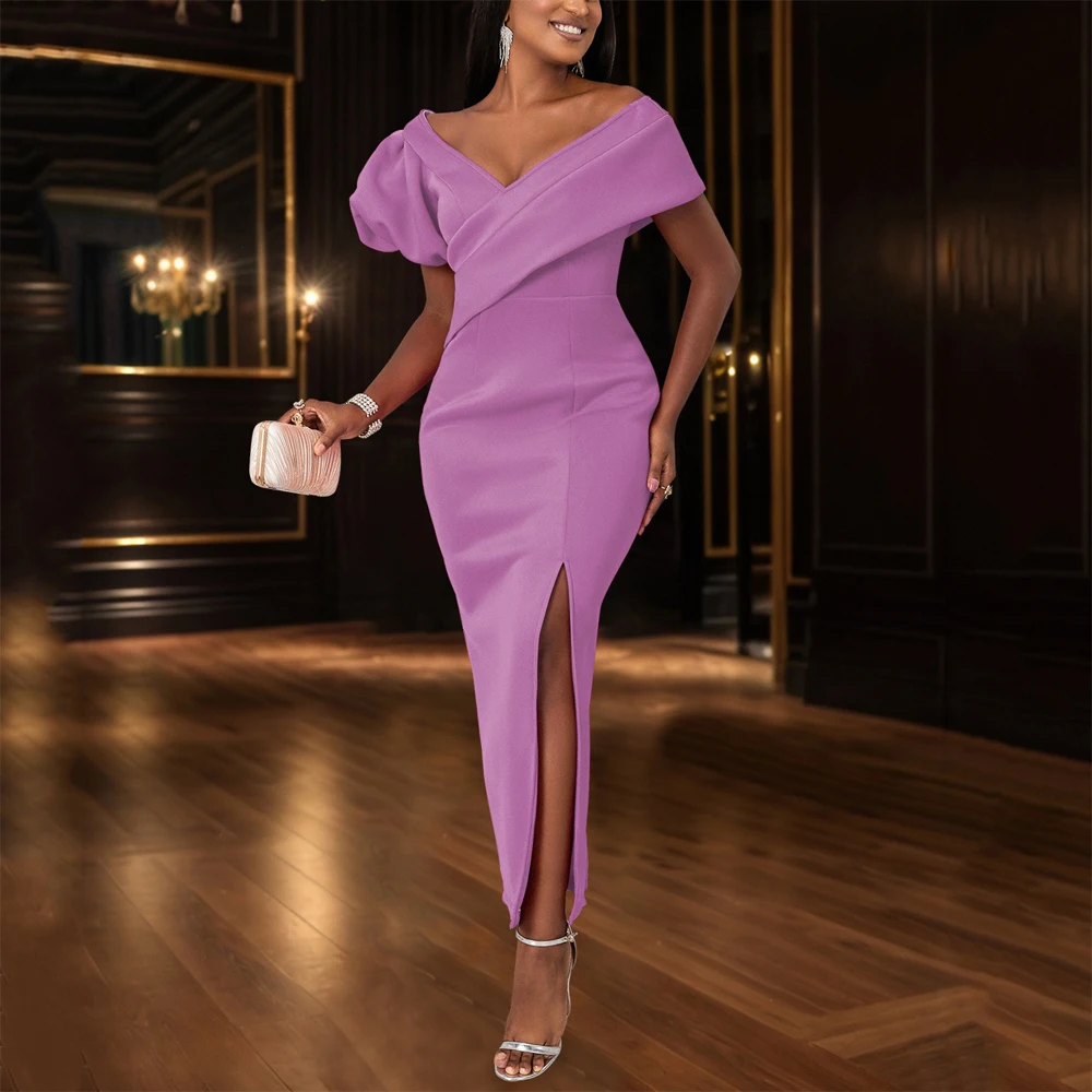 Sexy Bodycon Dresses Women V Neck Side Split Ankle Length Fashion High Quality Birthday Party Dinner Vestidos Mujer Customized
