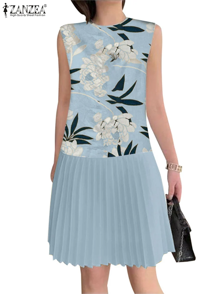 ZANZEA Casual Printed Dress O Neck Patchwork Vestidos 2025 Vintage Summer Sundress Loose Sleeveless Tank Pleated Robe Femme
