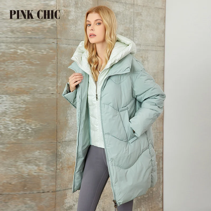 

PINK CHIC 2023 New Winter Coat Women Down Jackets High Quality Fake Two-garment Hooded Long version Parka Female W8235