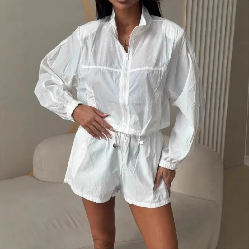 

Casual Set Solid Color Long Sleeve Zipper cardigan Drawstring Waist Coat Elastic Shorts Two Piece Set