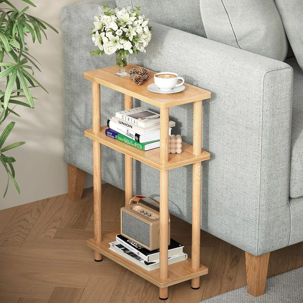 Small Narrow Side Table, 3Tier Skinny End Table for Small Spaces, Slim Nightstand with Storage Shelf, Bedside Table for Living