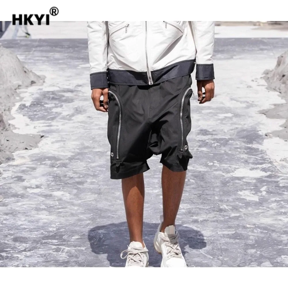 

HKYI черные молнии с большим карманом, мотоциклетные висячие брюки с промежностью, мужские свободные шорты