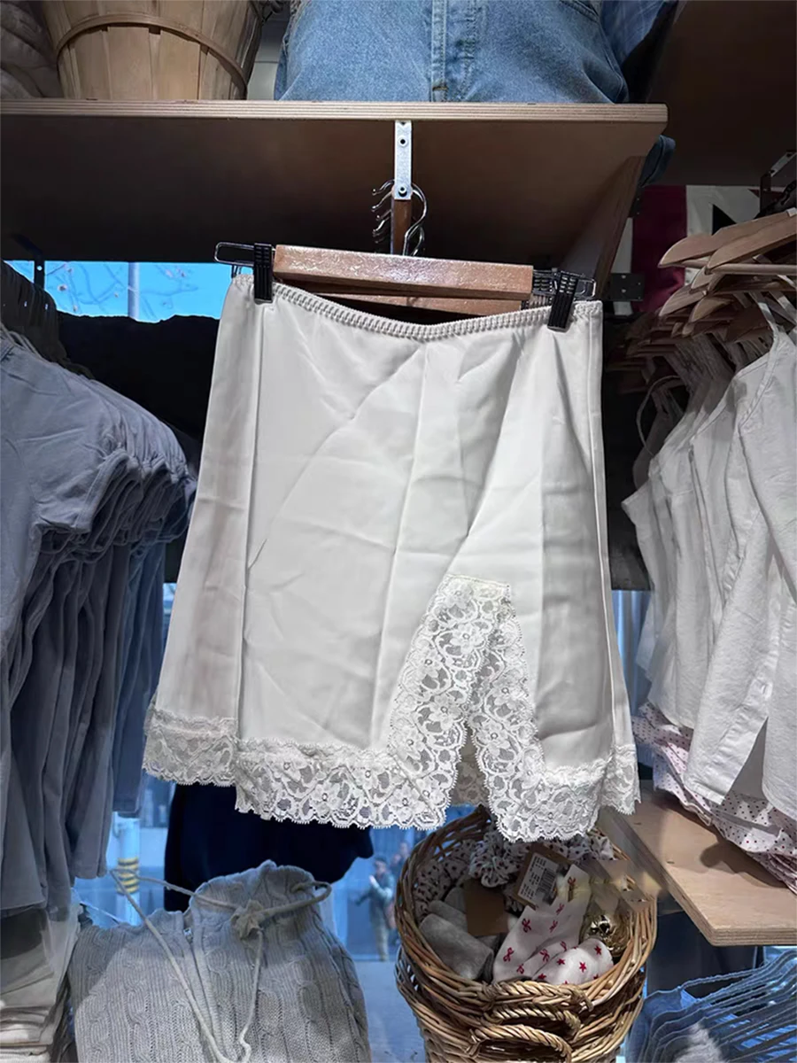 Mini Faldas con dobladillo de encaje blanco para mujer, Faldas cortas de cintura alta, corte en A, informal, dulce y elegante, color liso, novedad