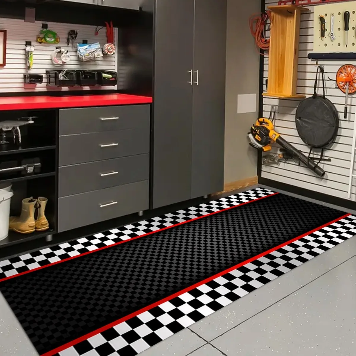 Racing Checkered Finish Line Long Runner Rug Race Car Theme Party Floor Mat Non-Slip Checkerboard Carpet for Entryway Kids' Race