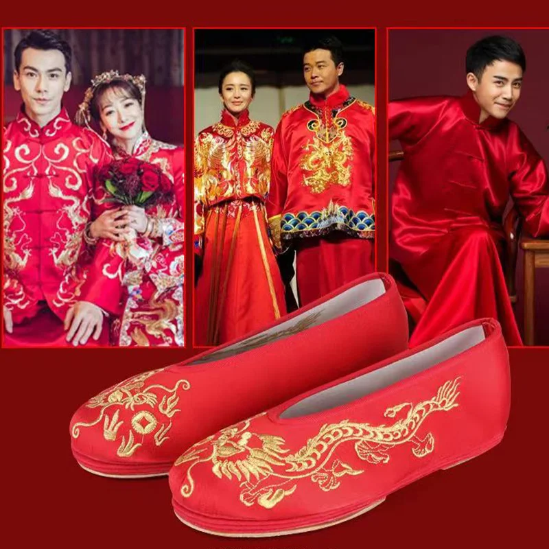 Classical Chinese Hanfu Embroidery Wedding Flat Shoes Bride Men Women Tang Dynasty Cotton Stage Dance Costume Ancient Red Party