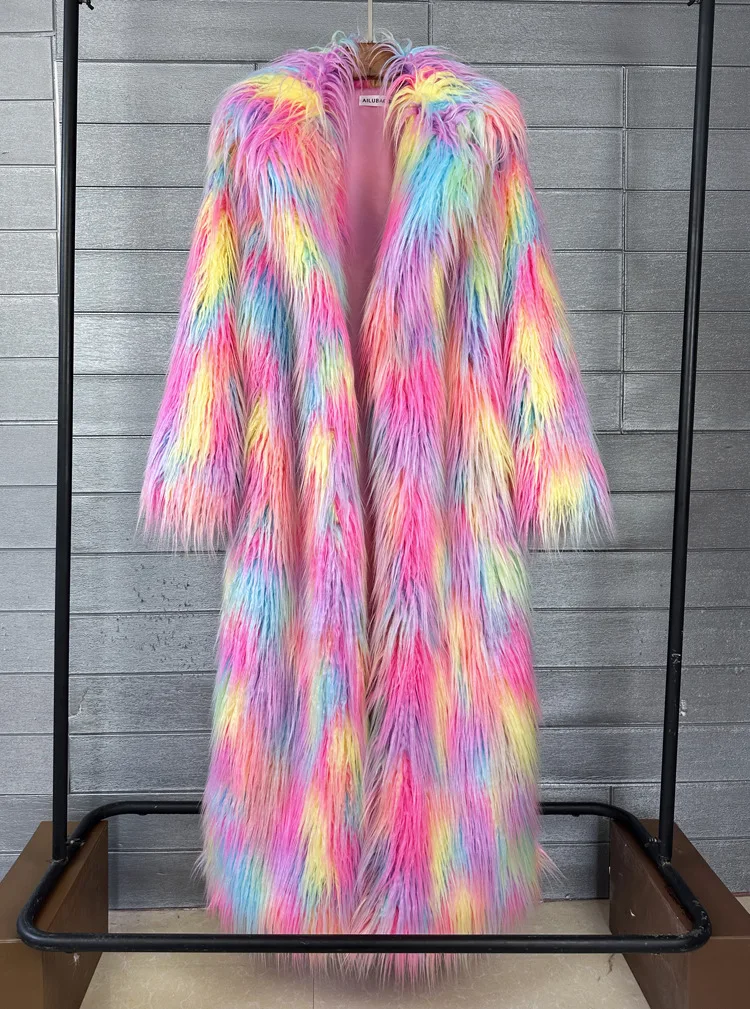 DEAT 2026 Winter New Items Imitation Colorful Long Coat For Women Faux Fur Suit Collar Long Sleeve Trench Jacket Female 11A05577