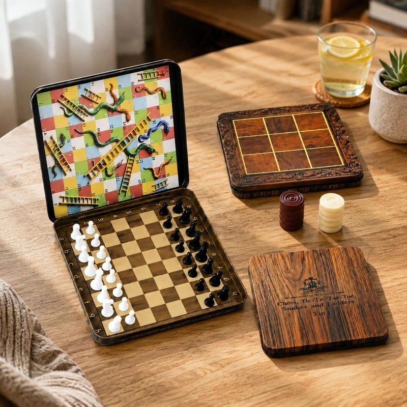 折りたたみ式-3-in-1-ボードゲームセット、磁気トークン、金属製プレイボード、旅行、キャンプ用統合収納ケース付き、24bd