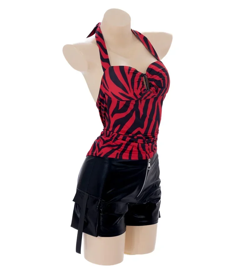 Movie Obsession Nikki Punk Street Style Cosplay Outfit Zebra Neckholder-Top und Cargo-Shorts aus Kunstleder, kompletter Anzug – Detail 7