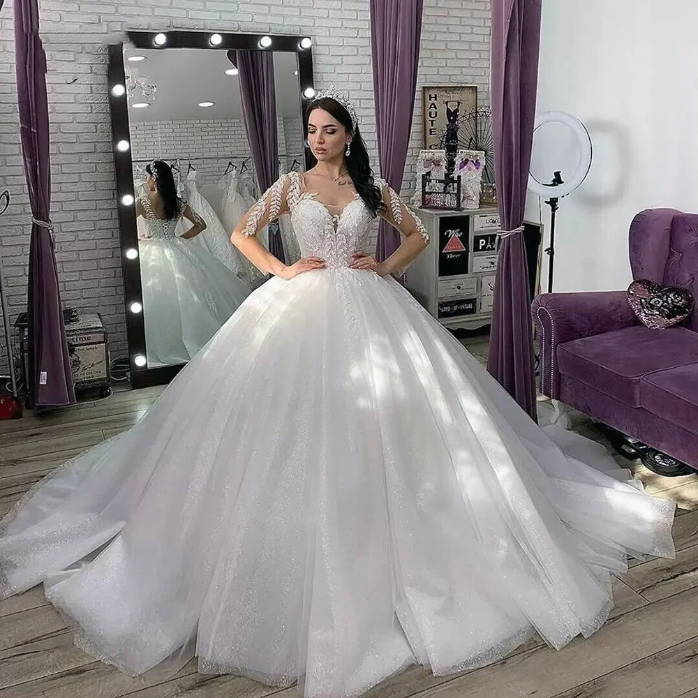 

Flavinke Customized Elegant Scoop Neck line Of Ball Gown Wedding Dresses 2025 With Stunning Tulle Of Full Sleeve Wedding Gown