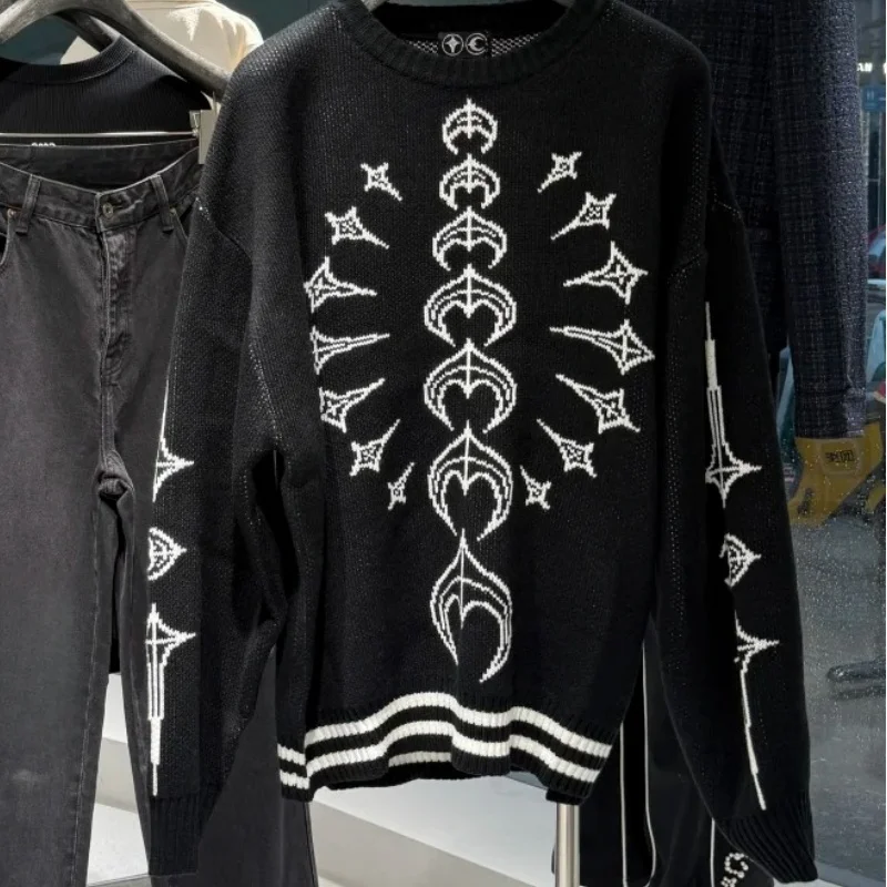 

25FW Thug Клубный свитер со звездами и лунными узорами контрастного цвета, вязаный пуловер с длинными рукавами, свитер для мужчин и женщин, теплый топ