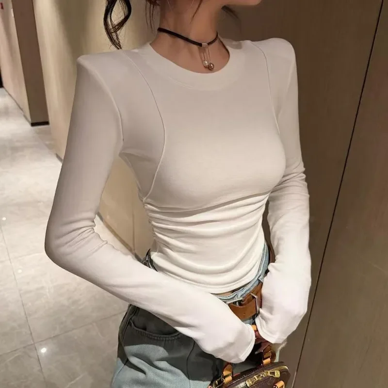 Padded Shoulder Seamed Long Sleeve Top Women Autumn Winter Ruched Side Fleece Lined Slim Fashion Blouse