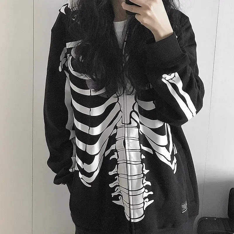 Iskelet baskı Hoodies kadın Y2K Harajuku uzun kollu fermuarlı ceket Oversize boy kapüşonlu eşofman üstü Streetwear Hoodies