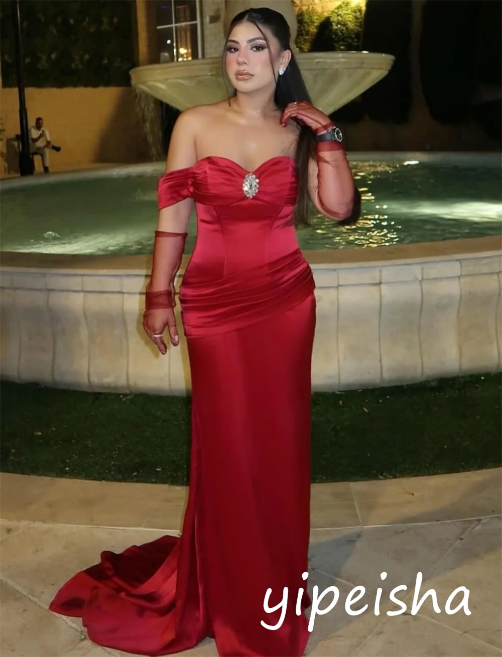 

Customized Elegant Exquisite Charmeuse Sequined Pleat Trumpet Off-the-shoulder Long Dress Bespoke Occasion Sexy