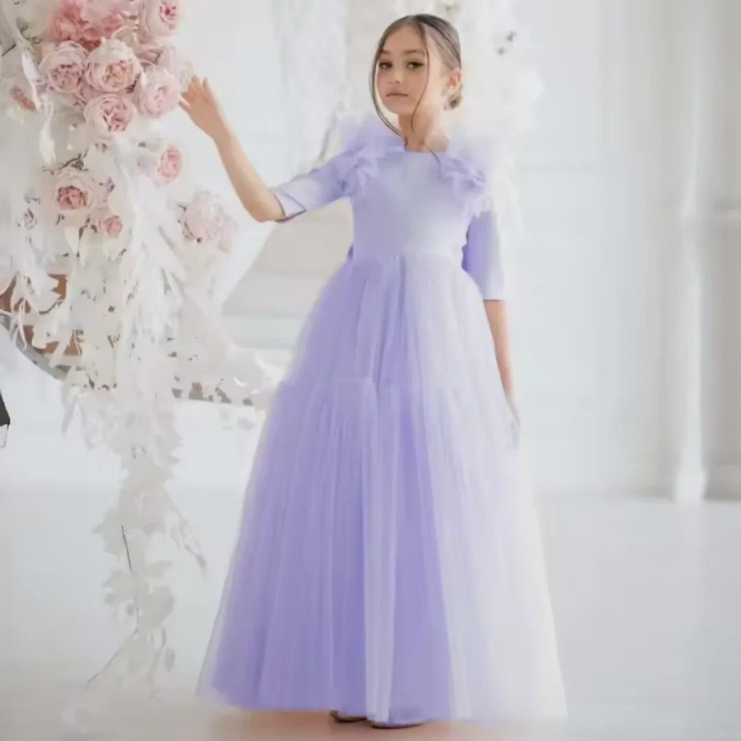 Floral Decorated Tulle Princess Dress for Girls Perfect for Flower Girl Birthday Celebrations And Weddings