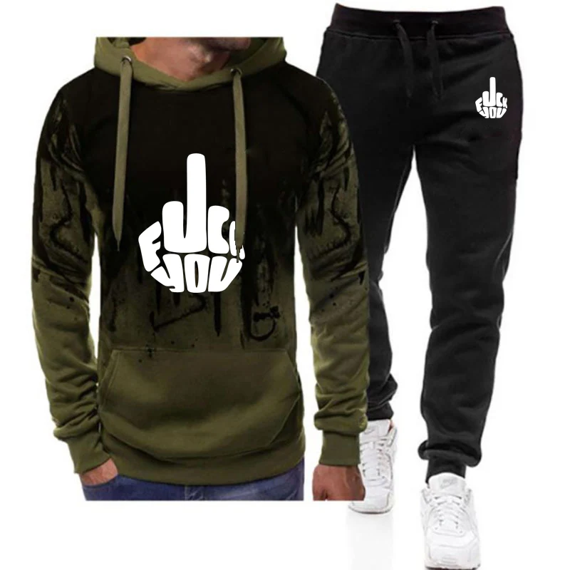

2025 Spring And Autumn Man's Funny middle finger Logo Print Trendy Brand Sweatshirt Classic Hoodies Casual Fitness Pants Suits