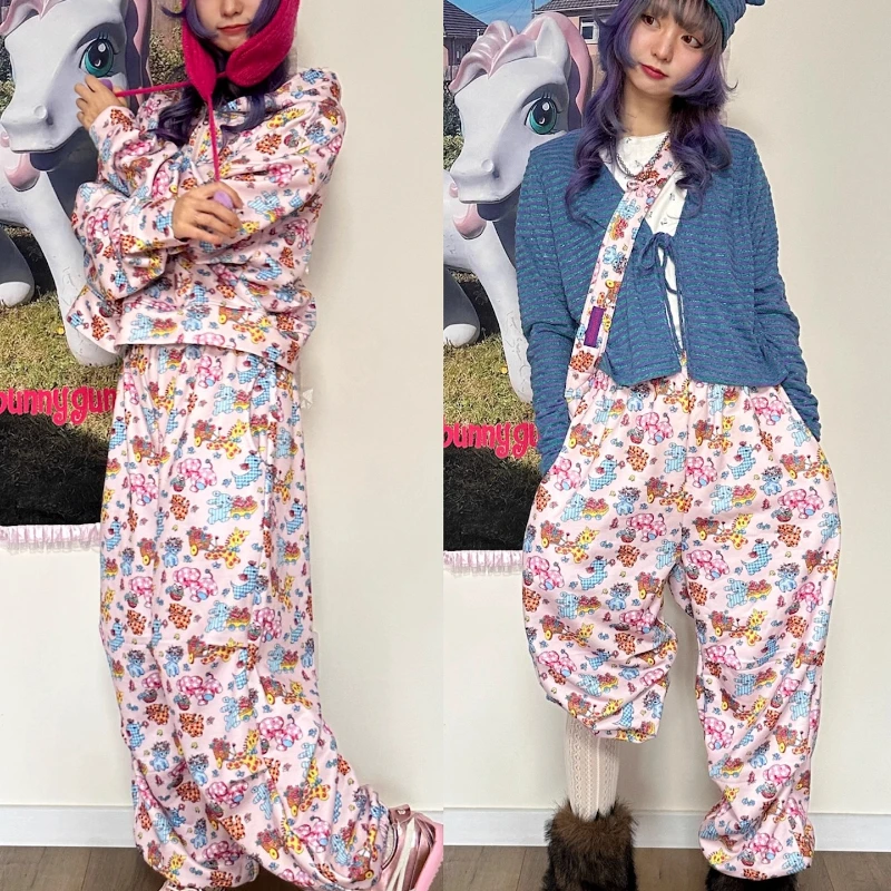 خريف شتاء جديد رقيقة المخملية الحيوان طباعة الوردي فضفاض المرأة Sweatpants الرجعية تصميم الحلو كول تنوعا سراويل تقليدية السيدات
