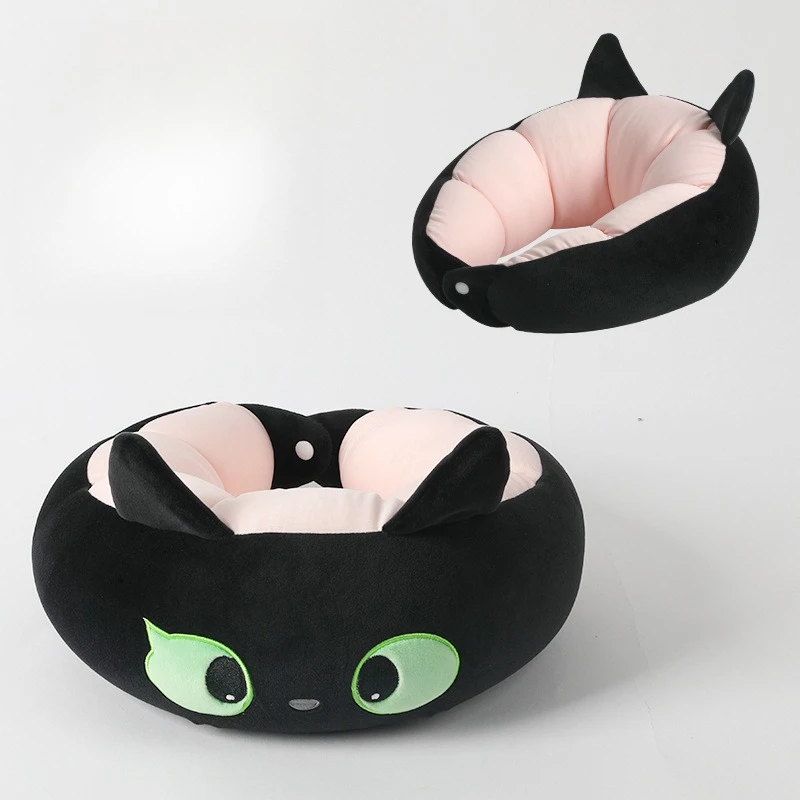 Cartoon Cat U Shaped Pillow Foam Particle Neck Pillow with Hood Soft Travel Pillow for Office Nap Rest